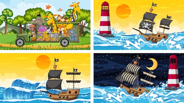 Set of different scenes with animals in the zoo and pirate ship at the sea