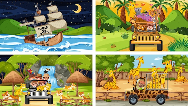 Set of different scenes with animals in the zoo and pirate ship at the sea