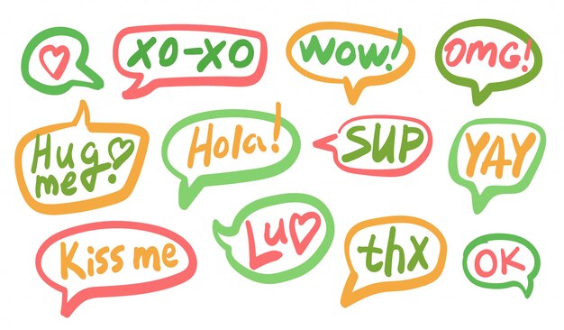 Set of different shape colorful speech bubbles with text