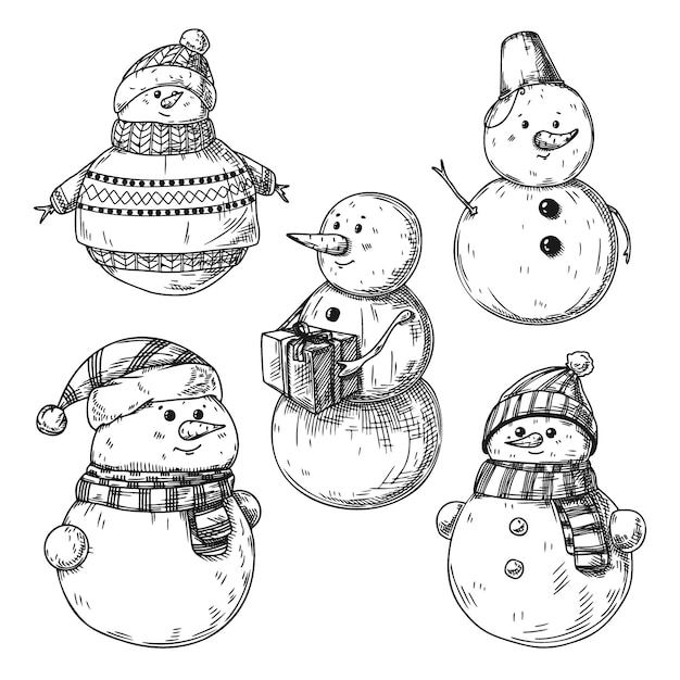 Set of different snowmen isolated on white background. Sketch, hand drawn illustration