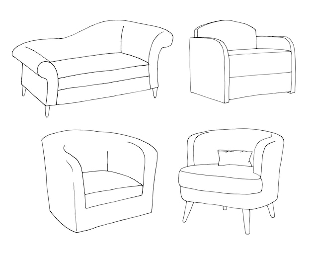 Set of different soft armchairs Linear sketch Vector illustrat