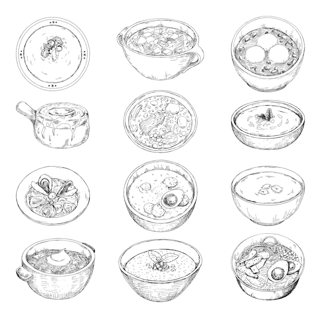 Set of different soups.   illustration in sketch style.