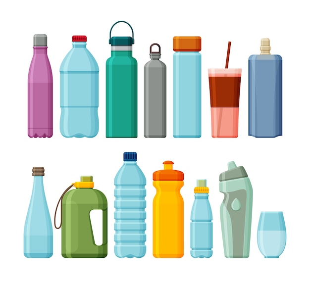 Set of different sport and plastic water bottles isolated