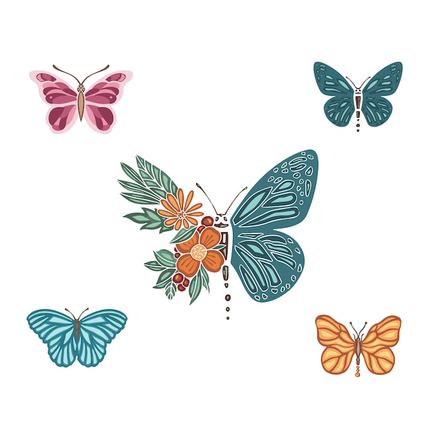 Set of different spring solar butterflies moth vector illustration