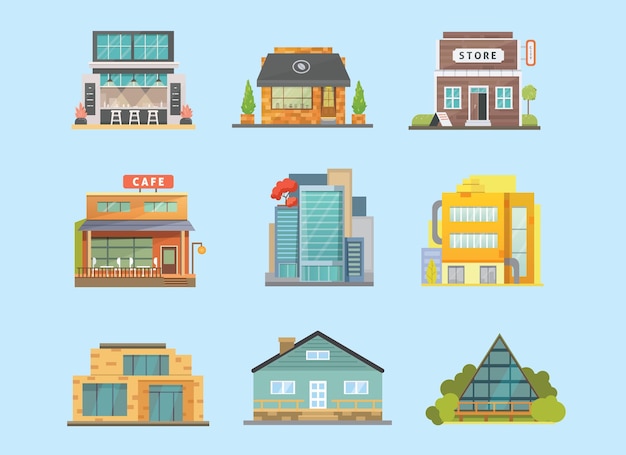 Set of different styles residential and city houses City architecture retro and modern buildings House front cartoon illustrations Store building and Houses exterior collection