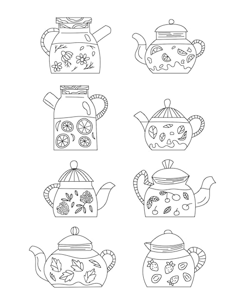 A set of different teapots with tea leaves strawberries raspberries lemon orange mint