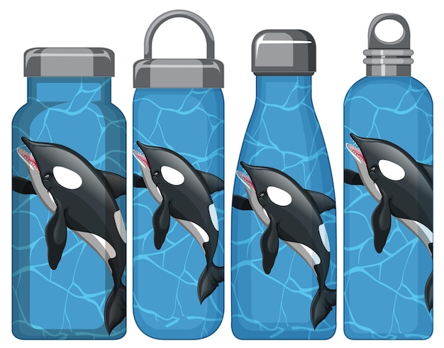 Set of different thermos bottles with orca whale pattern