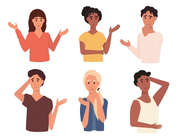 Set of different thoughtful people vector illustration. Collection of various man and woman thinking or making decision in cartoon style. Emotions of surprise and bewilderment