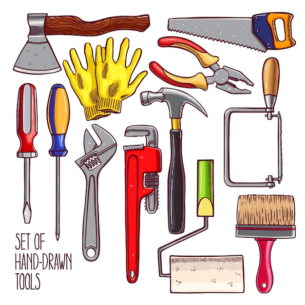 Set of different tools for repair. hand-drawn illustration