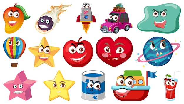 Set of different toy objects with smiley faces