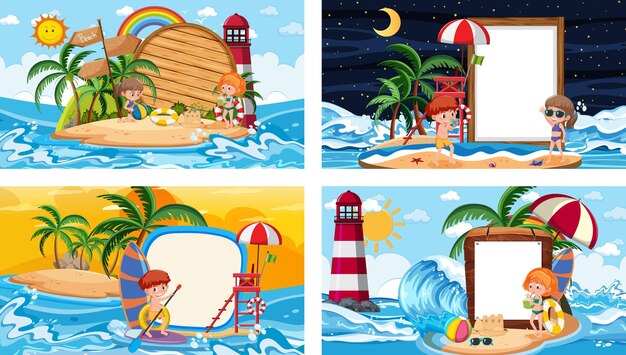 Vector set of different tropical beach scenes with blank banner