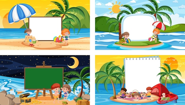 Set of different tropical beach scenes with blank banner