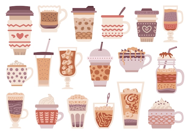 Set of different types of coffee. Coffee drink menu. Cartoon cup design collection.