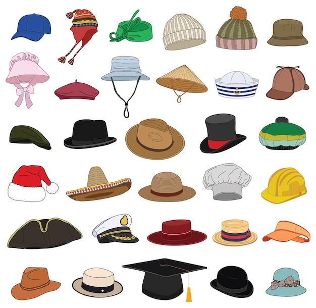 Vector set different types hats isolated on white background