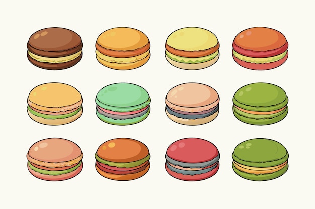 Set of different types Macaron cookies drawing vector illustration on white background