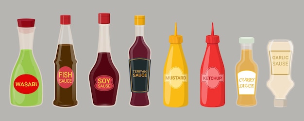 A set of different types of sauces Soy sauce mustard wasabi ketchup fish sauce curry sauce teriyaki