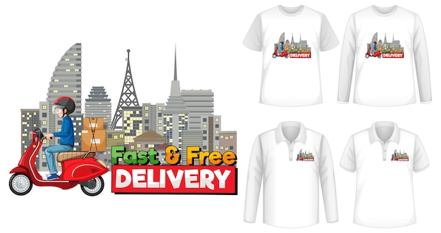 Set of different types of shirts with fast and free delivery logo screen on shirts