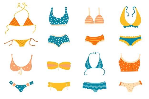 Set of different types of swimsuits or bikini tops and bottoms