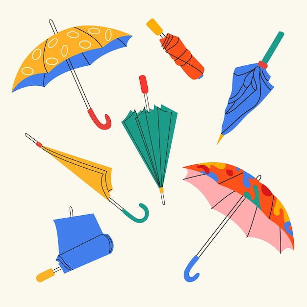 Set of different umbrellas in different positions. Open and folded umbrellas. Bright colors. Hand