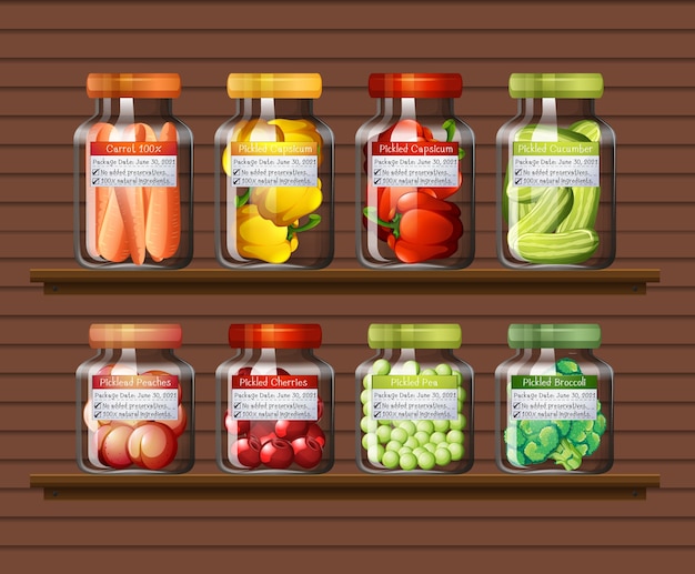 Vector set of different vegetables in different jars on wall shelves