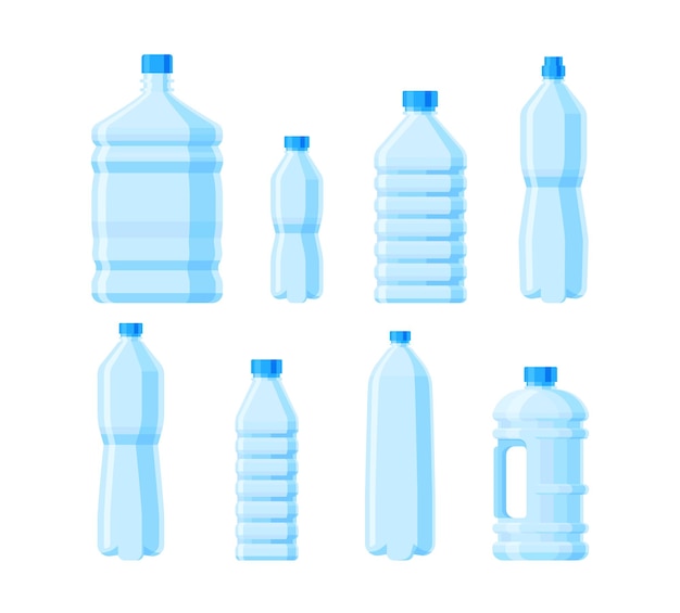 Set of different water bottles in flat vector style Collection of Blue water bottles of different s