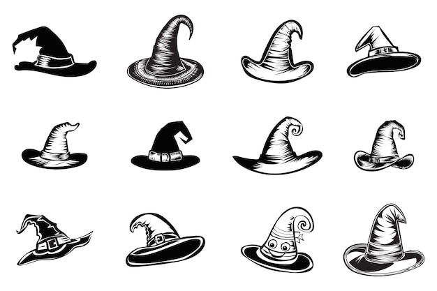 Set of different witch hats isolated on white background style