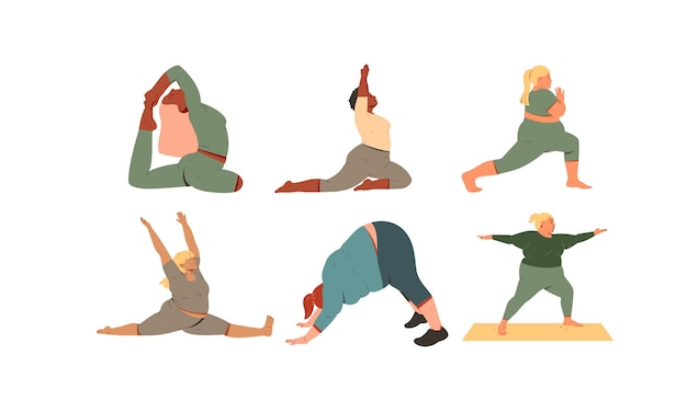 Set of different yoga poses Vector illustration in flat cartoon style