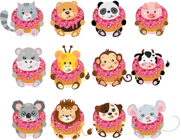 Vector set digital collage of cute animals inside a delicious donut