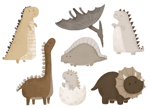 Set of dino stickers dino clipart dinosaur in natural colours boho design and print