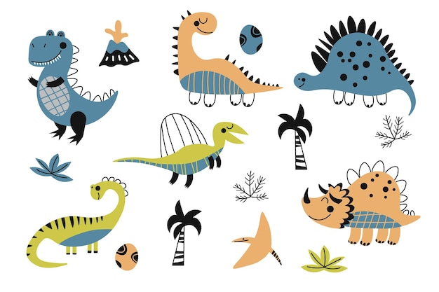 Set of dinosaur Collection of cartoon dinosaurs Vector illustration of prehistoric animals for children Drawing for children EPS