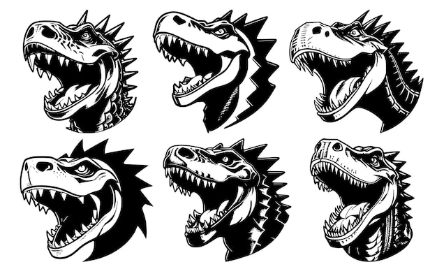 Set of dinosaur heads with open mouth and bared fangs with different angry expressions of the muzzle Symbols for tattoo emblem or logo isolated on a white background