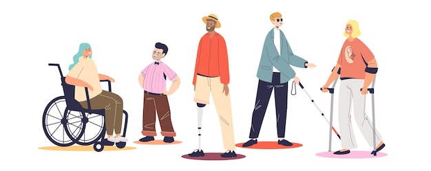 Set of disabled young people on wheelchair, walking with crutches, blind, with prosthesis and dwarfs isolated. Male and female handicapped invalids cartoon characters. Flat vector illustration