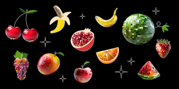 Vector set of disco mirror ball fruits banana apple watermelon cherry on black background