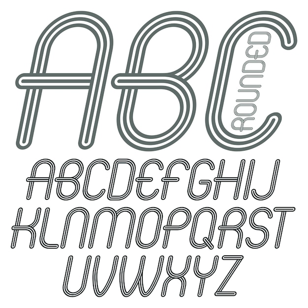 Set of disco vector upper case English alphabet letters, abc isolated. Funky italic rounded font, typescript for use in logo design. Made with geometric parallel triple lines.