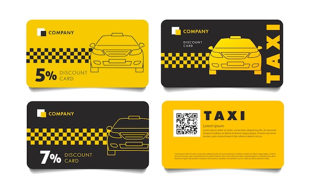 Set of discount cards templates for taxi service with linear car illustration in black and yellow