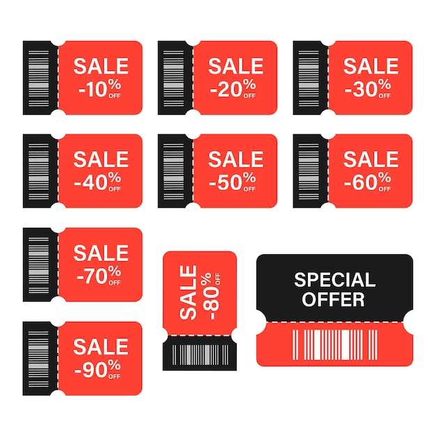 Set of discount coupons from 10 to 90 percent. Vector illustration