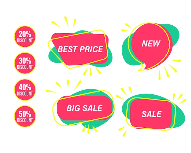 Set of discount icons stickers with text and percentages pinkyellowgreen abstract design