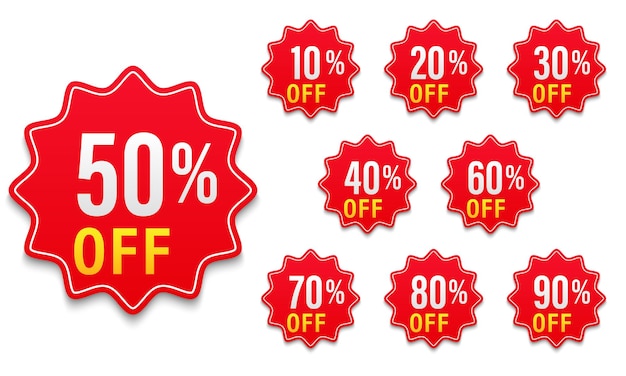 Set of discount label vector Illustration 10 20 30 40 50 60 70 80 90 percent Promotion red and yellow design for an advertising campaign at retail clearance special offer tag sticker flat