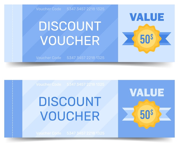 Vector set of discount vouchers in blue colors vector horizontal template coupon certificate value 50 usd