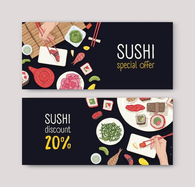 Vector set of discount vouchers or coupons with japanese food and hands holding sushi, sashimi and rolls with chopsticks on black