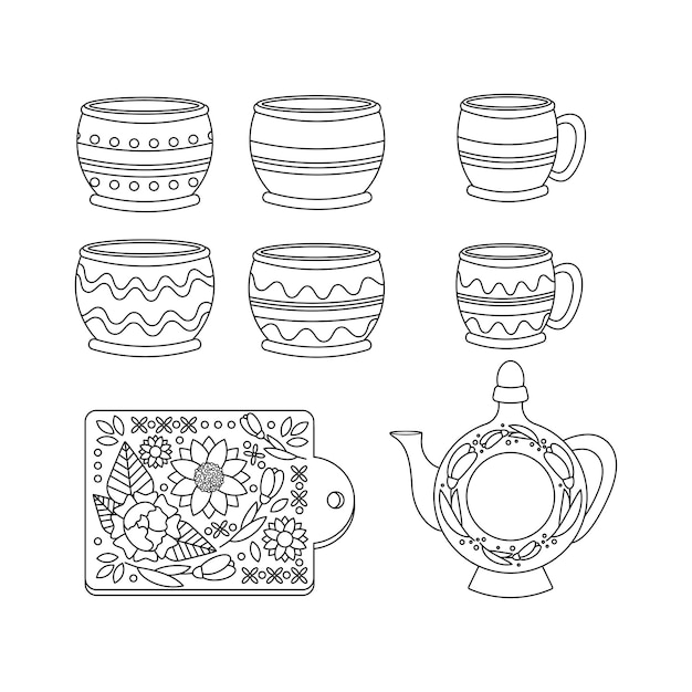 A set of dishes cups pots a kitchen cutting board Ukrainian symbols