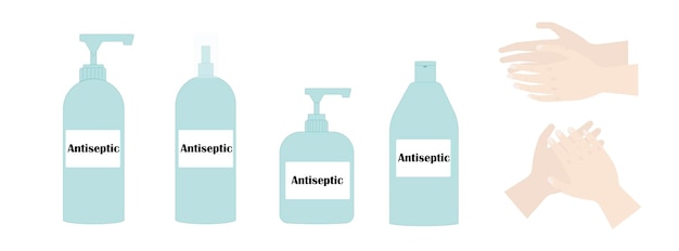 Set of disinfectants and hands isolated on white background Flat vector for articles banners