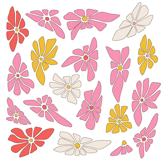 Set of distorted groovy colorful daisy flowers in pink yellow red colors colors fashionable design e