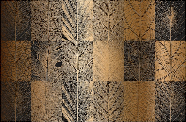 Set of distress tree leaves leaflet texture on golden background Black and white grunge background