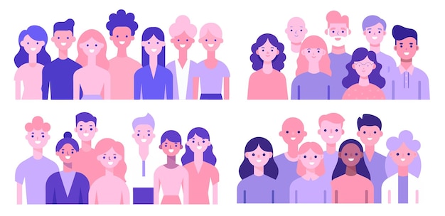 Vector set of diverse group of people standing various ethnicities ages and styles in flat design aesthetic