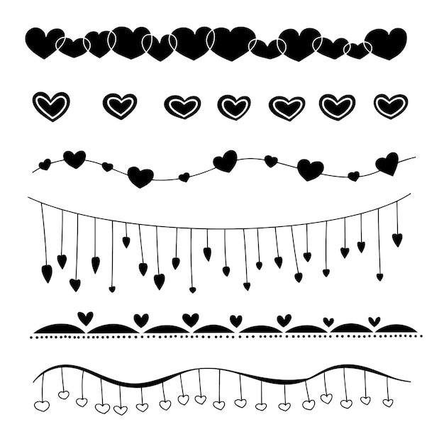 Set of dividers with hearts for Valentine's Day card. Vector illustration. Hand draw elements.