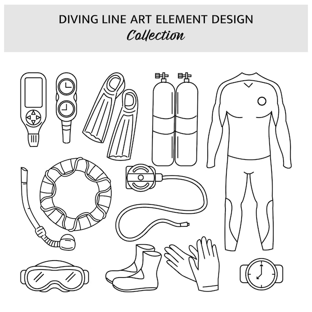 Set of Diving equipment hand drawn vector illustration Sports icon design template