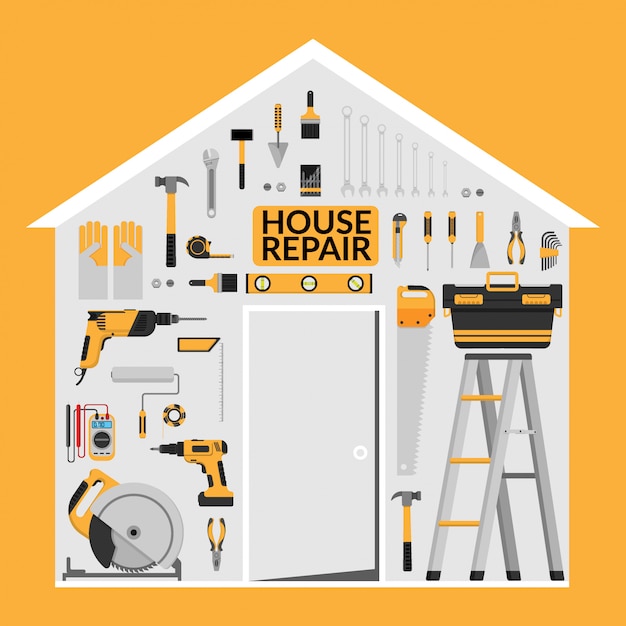 Set of DIY home repair working tools under roof in home shape