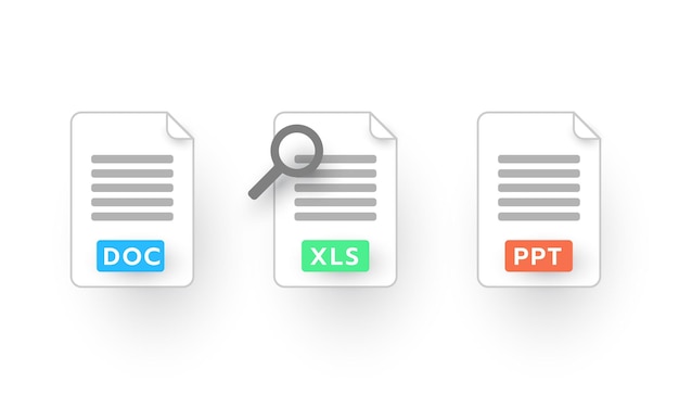 Set of doc, xls, ppt with magnify glass, File type icons, Text document, Worksheet, Business icon