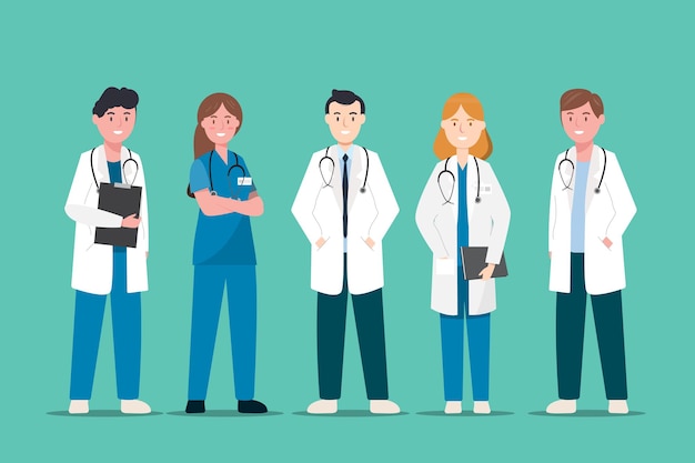 Set of doctor and nurse cartoon characters. Medical staff team concept in hospital. vector illustration